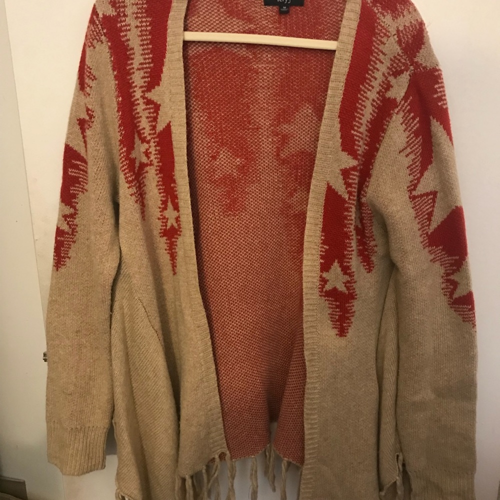 Very J Beige Open Cardigan Swester with Red Splatter Star Decor